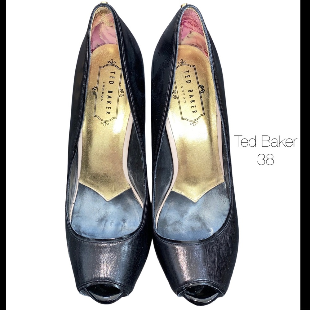 Ted Baker London Glister Peep Toe Leather Black Heels 38